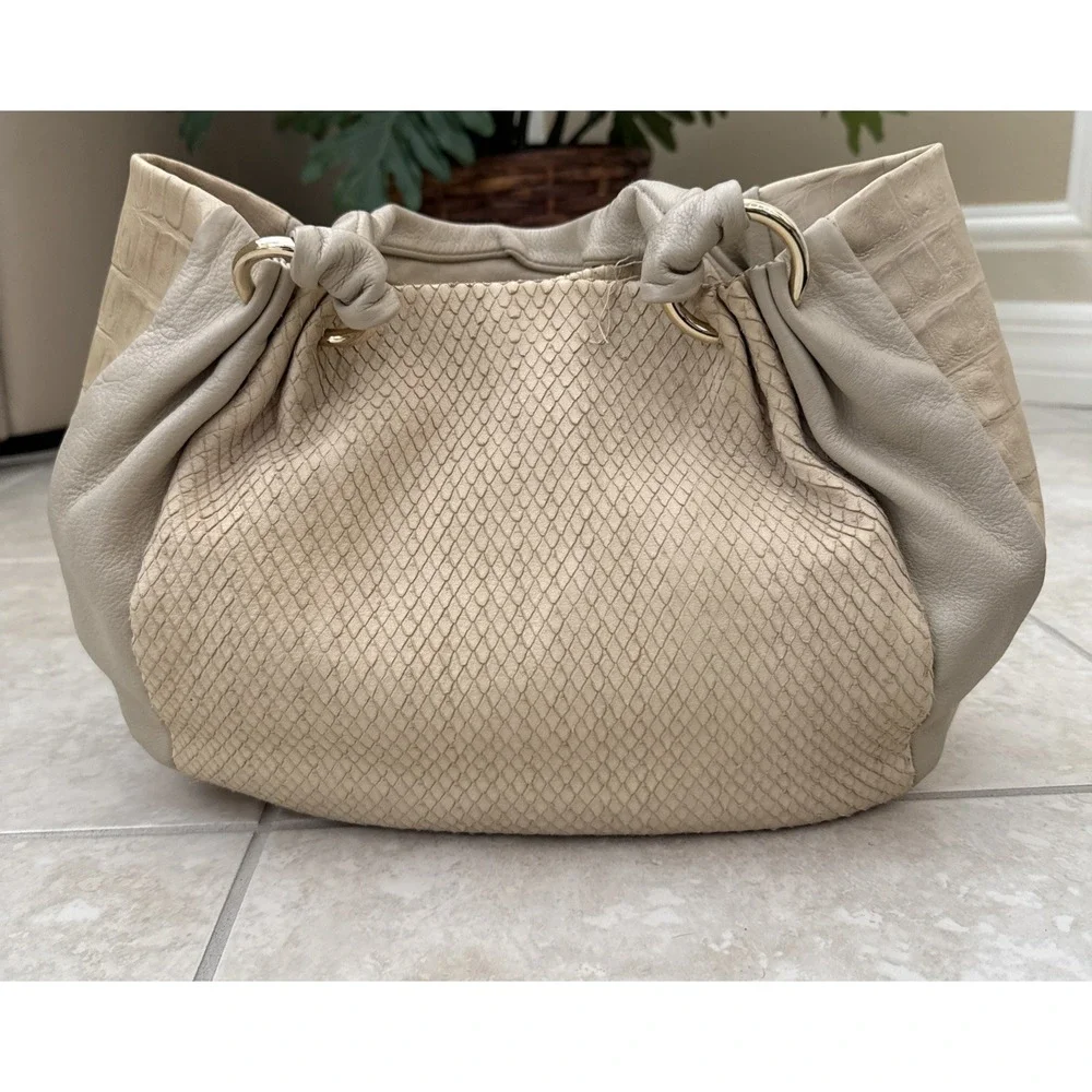 Genuine Furla Embossed Croc & Python Leather‎ Bag Italy Purse Beige Color